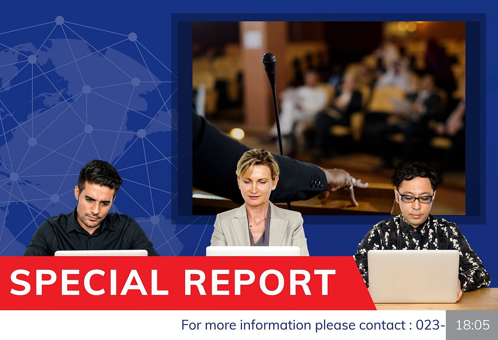 People with graphic of global hot news in special report