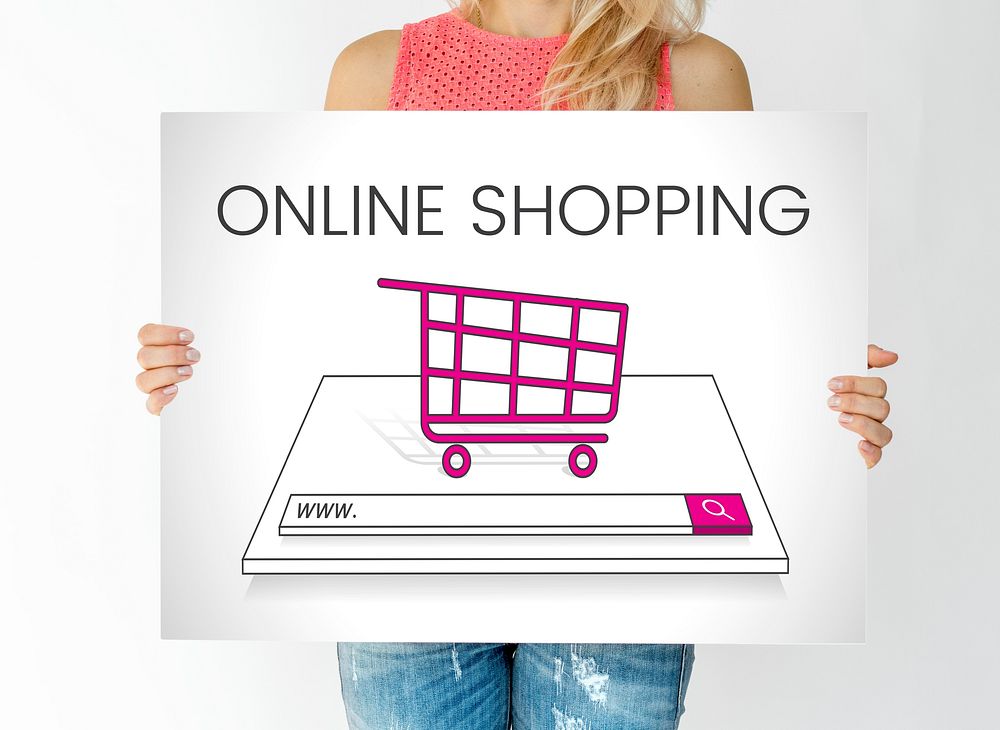 Woman holding online shopping graphic overlay billboard