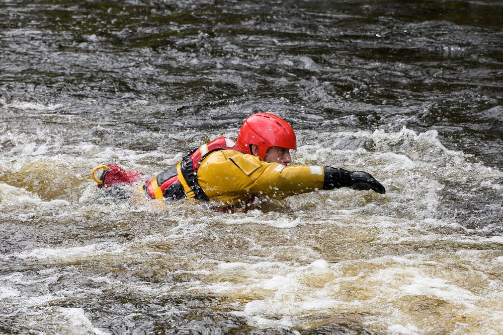 Firefighter training in water, 20 March, 2019, Cheshire, UK. Original public domain image from Flickr