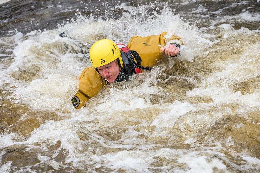 Firefighter training in water, 20 March, 2019, Cheshire, UK. Original public domain image from Flickr