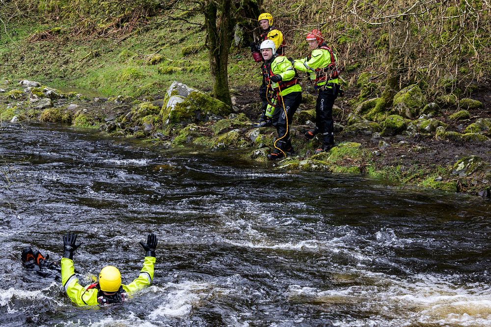 Firefighter training in water, 20 March, 2019, Cheshire, UK. Original public domain image from Flickr