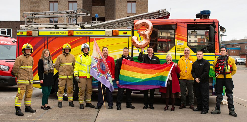 Firefighters & rainbow flag, January 18, 2019, Cheshire, UK. Original public domain image from Flickr