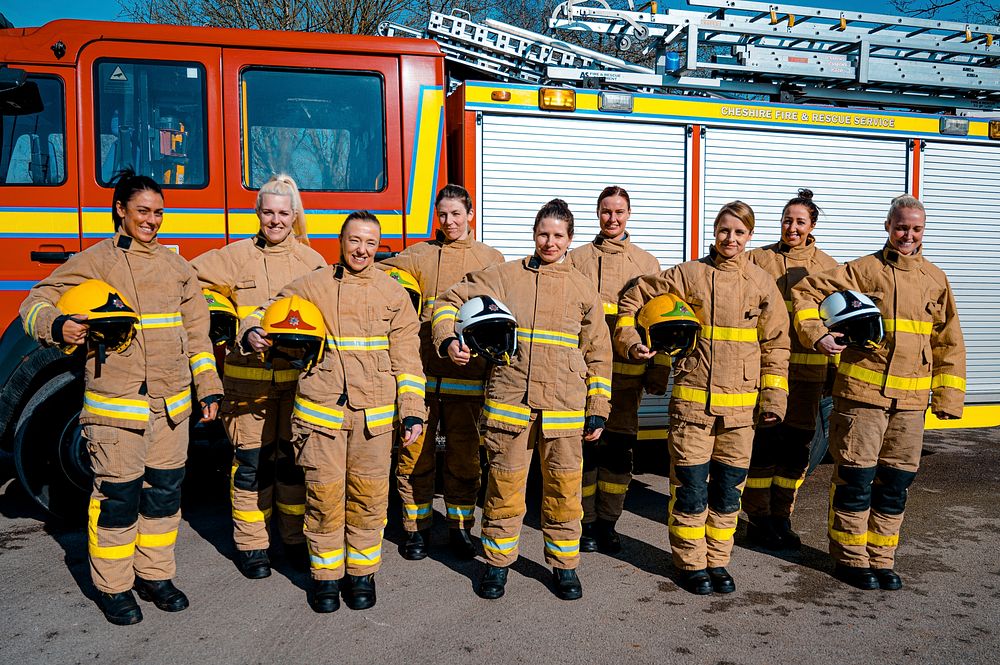 Female firefighters team, March 6, 2020, Cheshire, UK. Original public domain image from Flickr