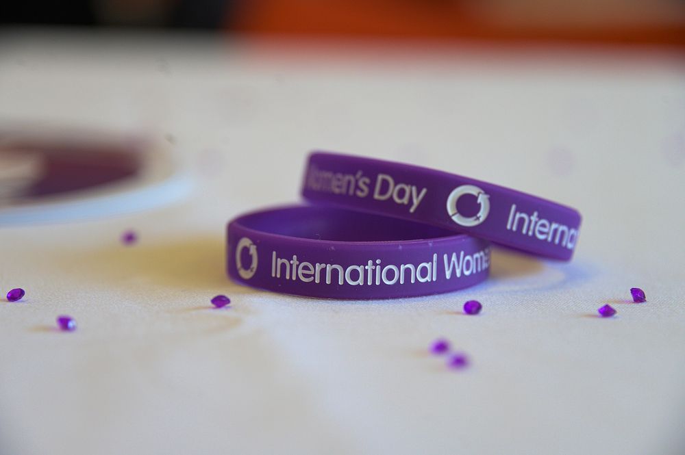 Purple wristband, International Women's Day, March 6, 2020, Cheshire, UK. Original public domain image from Flickr