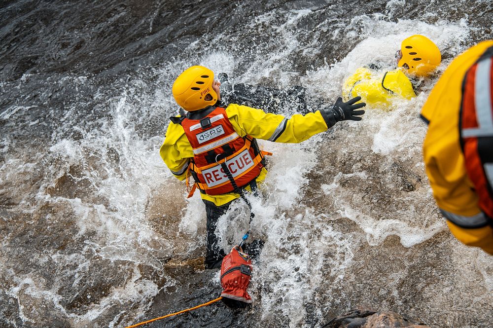 Firefighter training in water, 25 March, 2021, Cheshire, UK. Original public domain image from Flickr