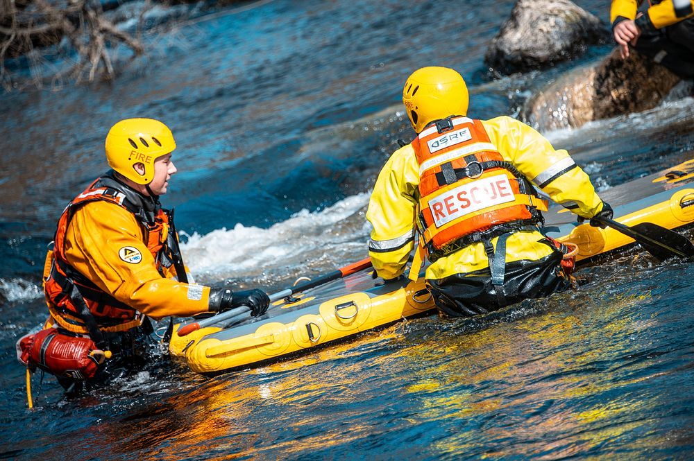 Firefighter training in water, 25 March, 2021, Cheshire, UK. Original public domain image from Flickr