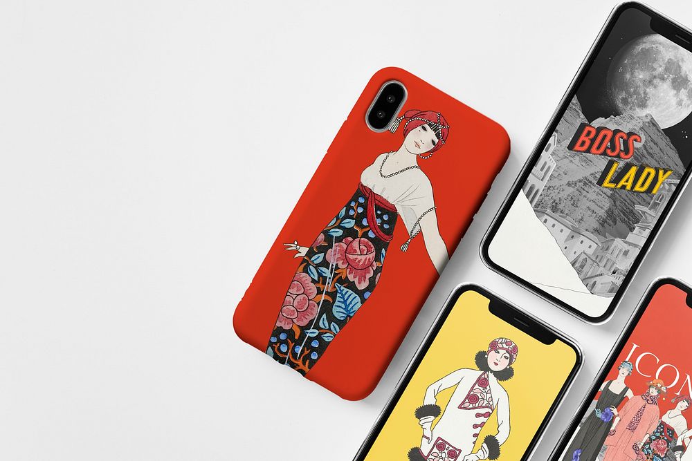 Red phone case with vintage fashion style, remix from artworks by George Barbier