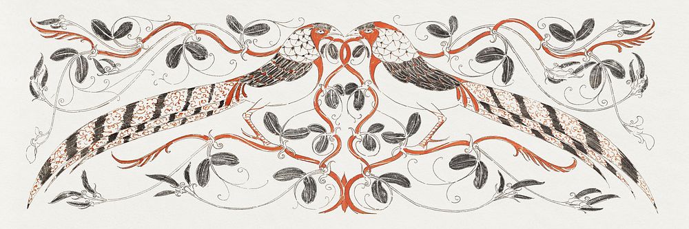 Vintage pheasants on botanical background, remixed from artworks by Gerrit Willem Dijsselhof