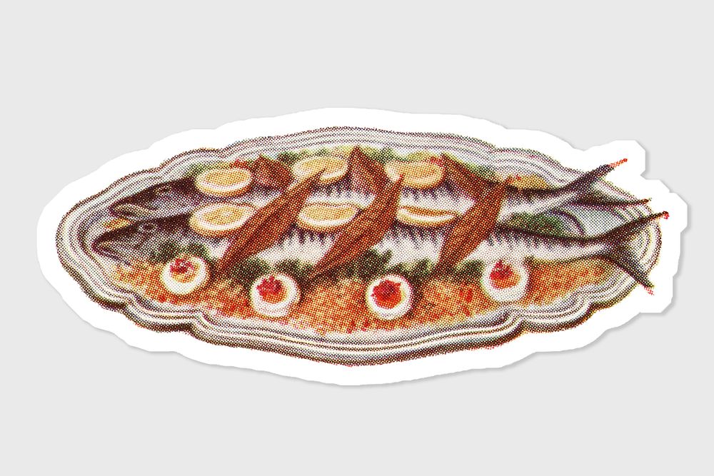 Hand drawn mackerel dish sticker with white border