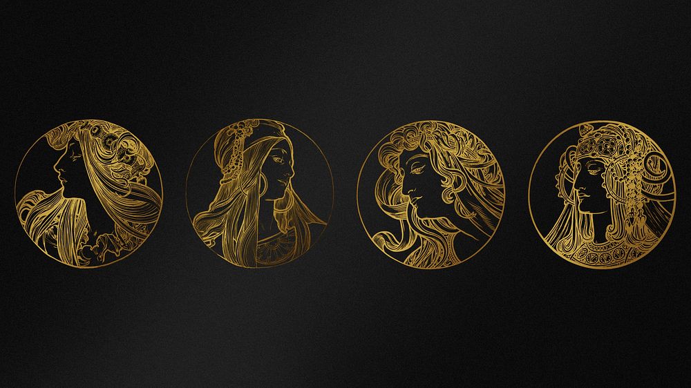 Lady art nouveau gold silhouette illustration set, remixed from the artworks of Alphonse Maria Mucha