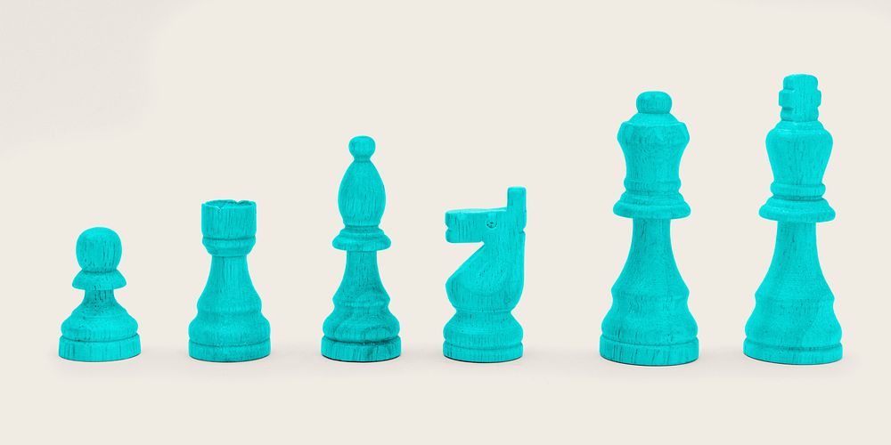 Turquoise wooden chess pieces mockup on a beige bacgkround