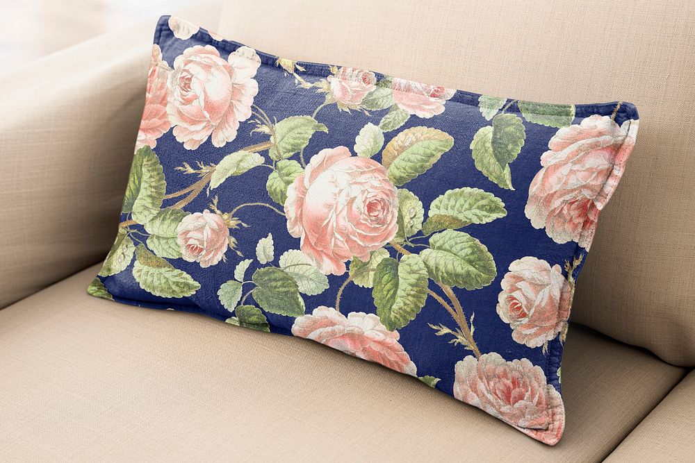 Cushion cover psd mockup, home decor floral textile