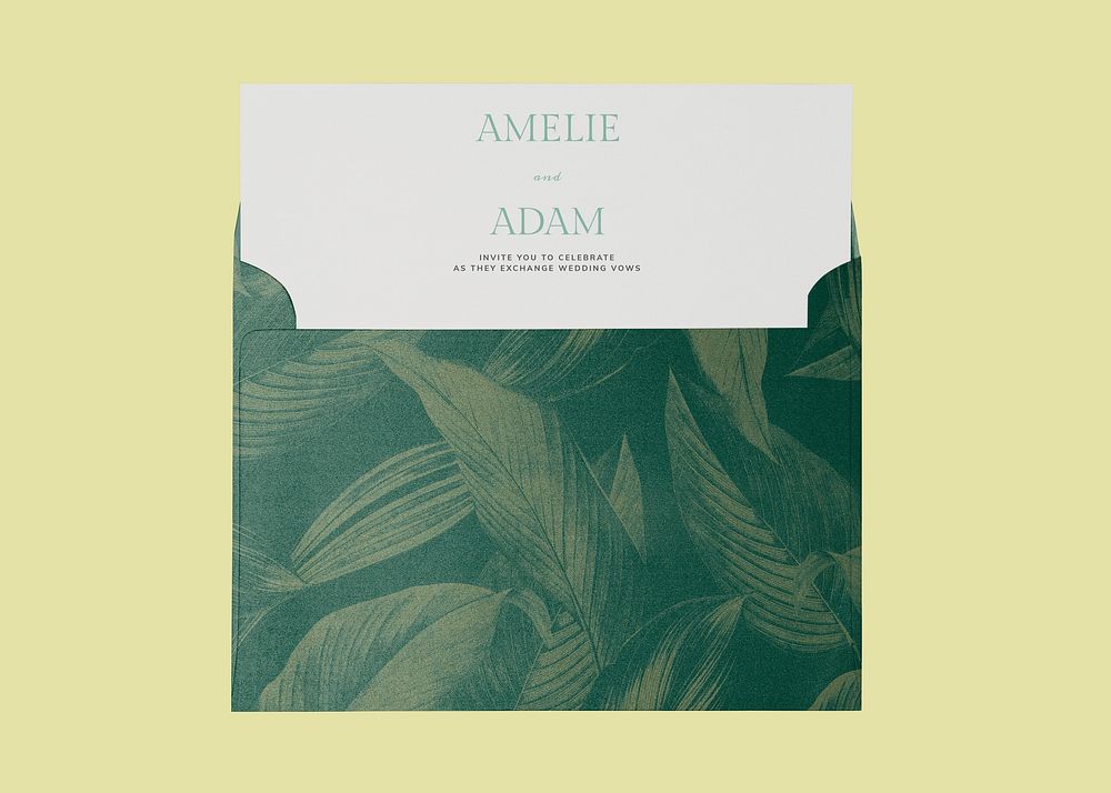 Wedding invitation card mockup, leaf pattern  psd