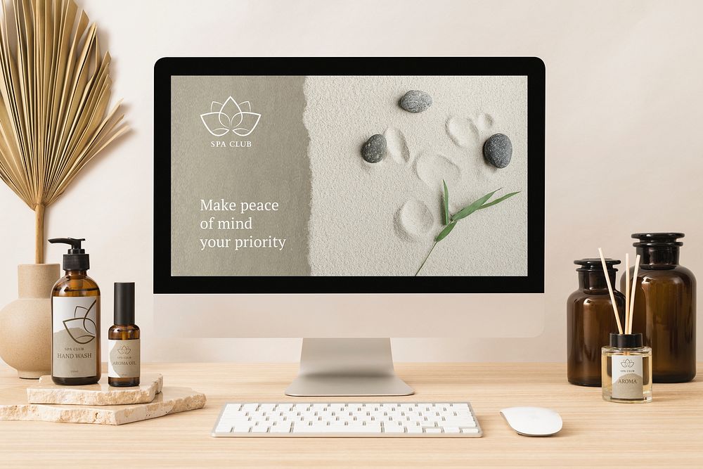 Computer screen mockup, minimal workspace with home aroma, psd