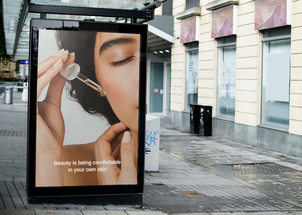 Bus stop billboard sign, skincare advertisement