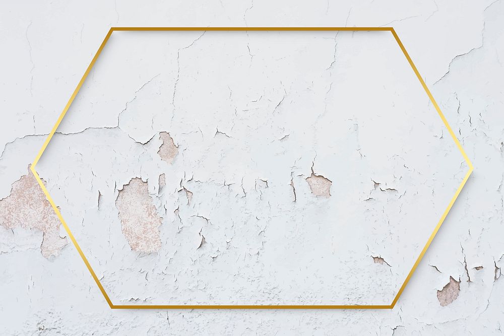 Hexagon gold frame on weathered white paint textured background vector