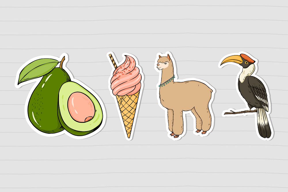 Psd animal and food colorful vintage sticker set