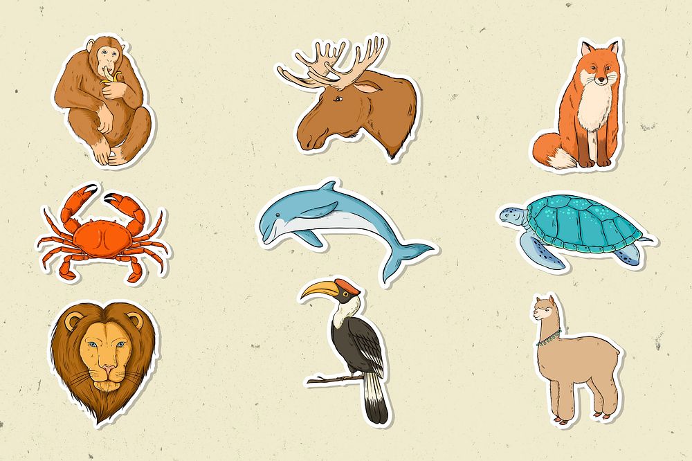 Wildlife sticker colorful set vintage illustration
