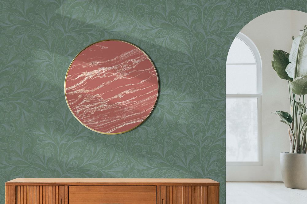 Round frame on a floral wall, living room decorations