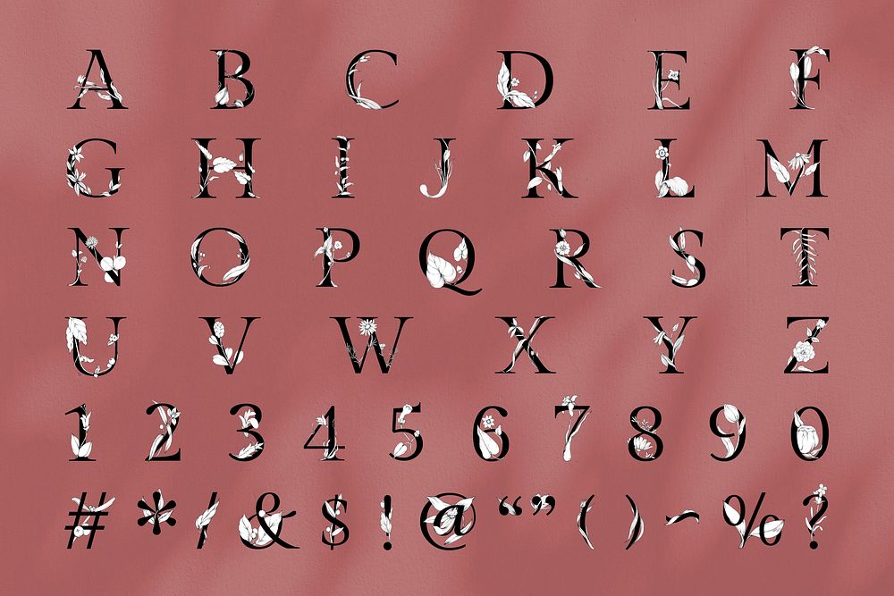 Letter symbol 123 set botanical vintage typography alphabet