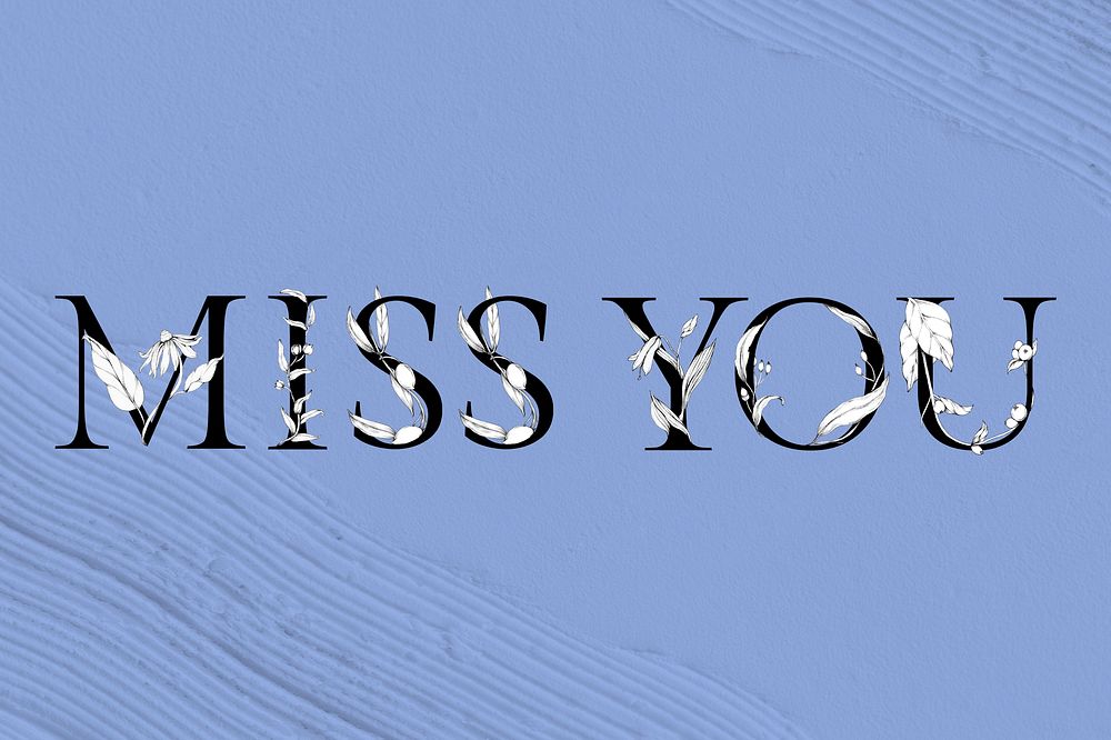 Psd miss you word floral font watercolor typography