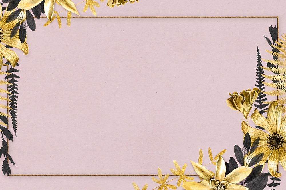 Vintage flowers gold frame illustration pink background