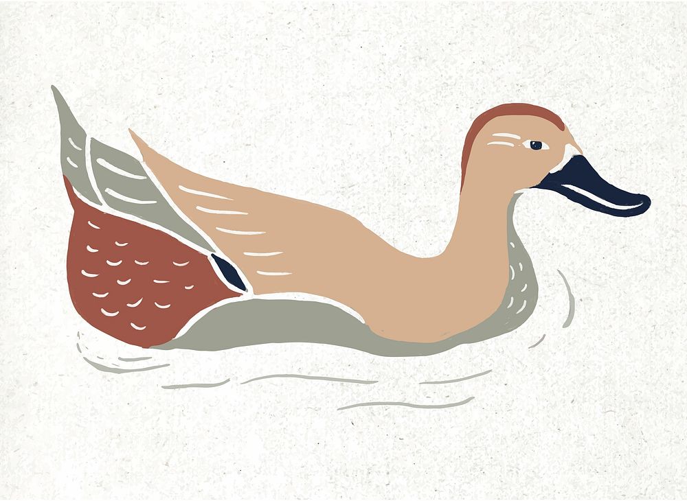 Duck vector vintage colorful linocut drawing