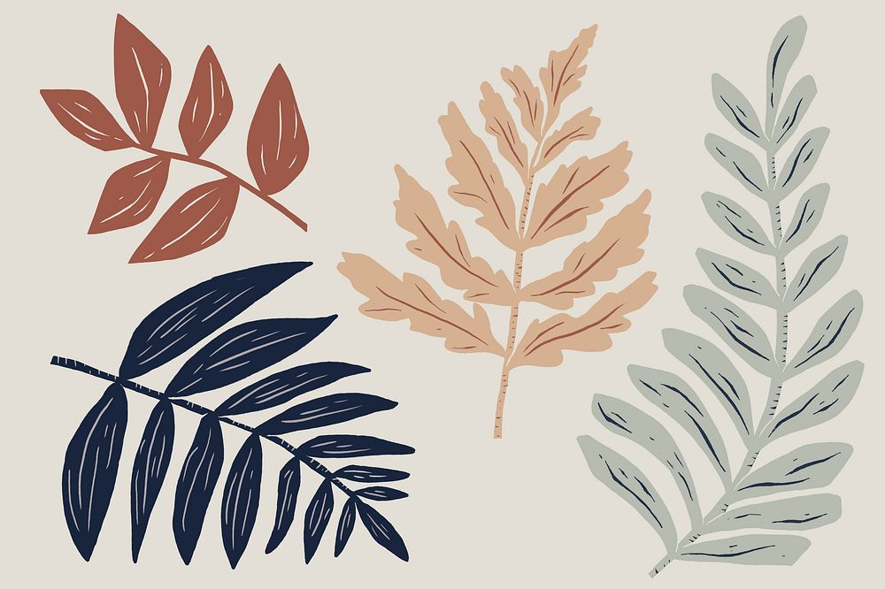 Vintage leaves plant linocut style collection