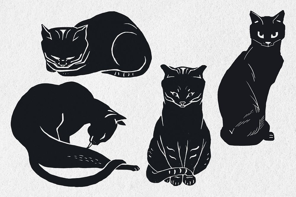 Vintage black cats linocut clipart collection