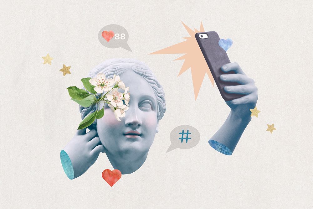 Social media addiction, aesthetic Greek Goddess remixed media psd