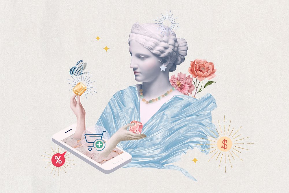 Online shopping, Greek Goddess aesthetic remixed media psd