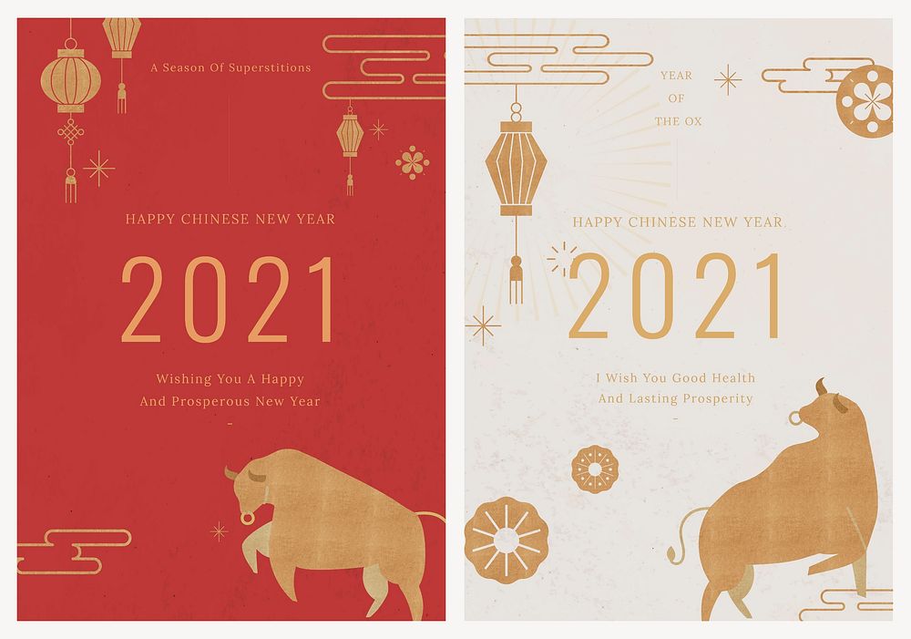 2021 poster template vector Chinese ox year set