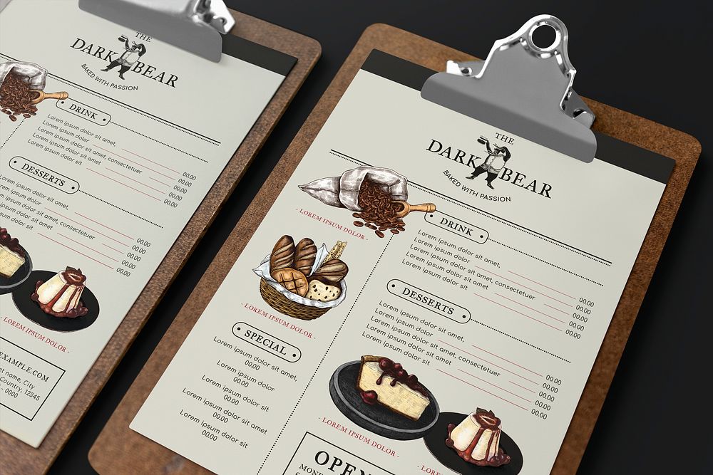 Cafe menu with images mockup psd on clipboard corporate identity design