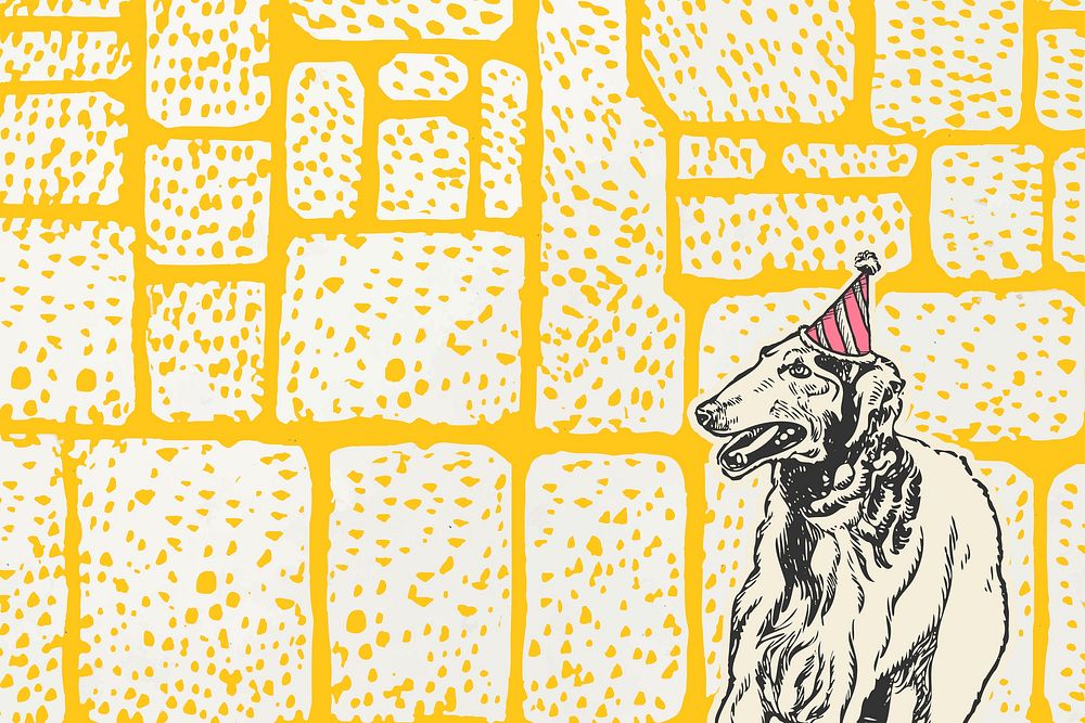 Birthday yellow background psd with cute greyhound dog