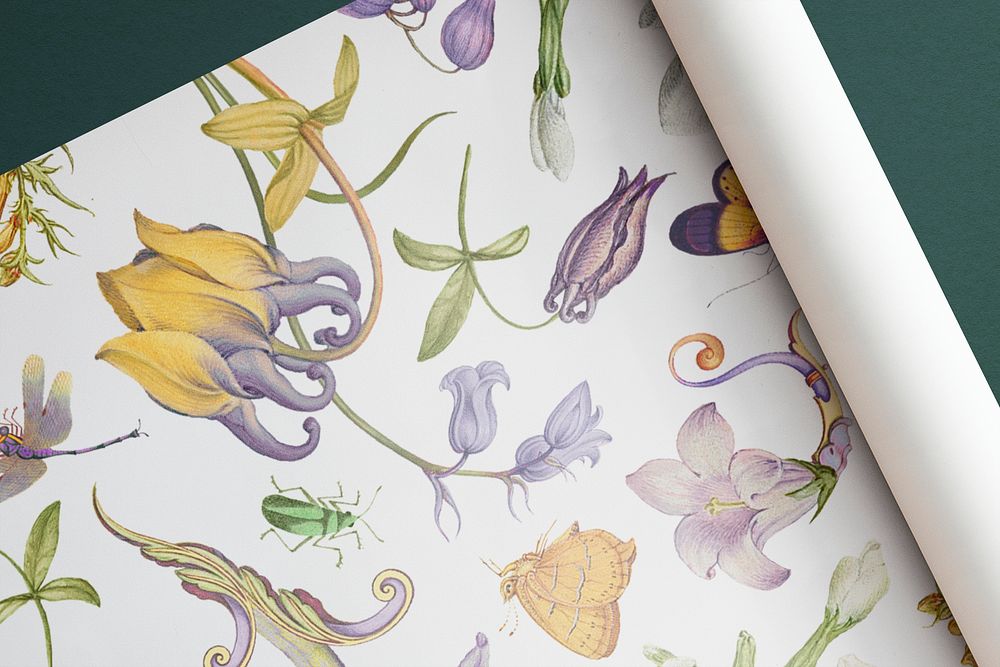 Floral wrapping paper mockup psd hand drawn vintage style, remixed from artworks by Pierre-Joseph Redouté