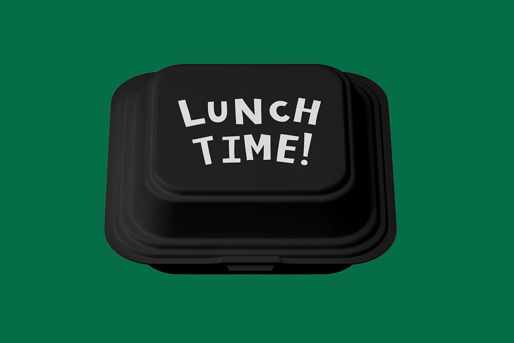 Black takeout food, lunch time text