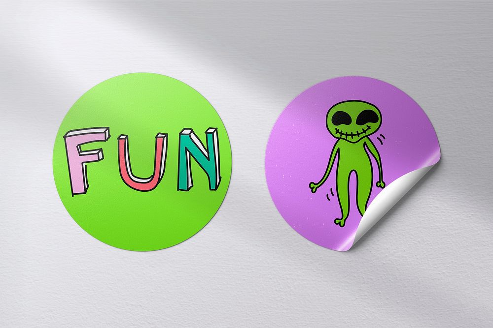 Funky alien badge stickers, fun typography