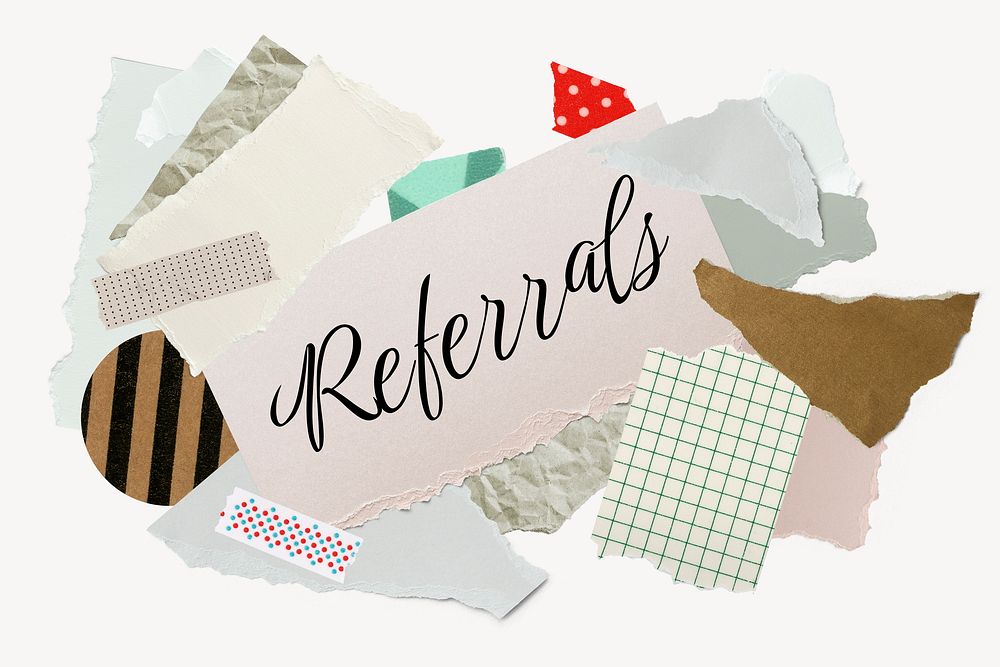 Referrals word typography, aesthetic paper collage