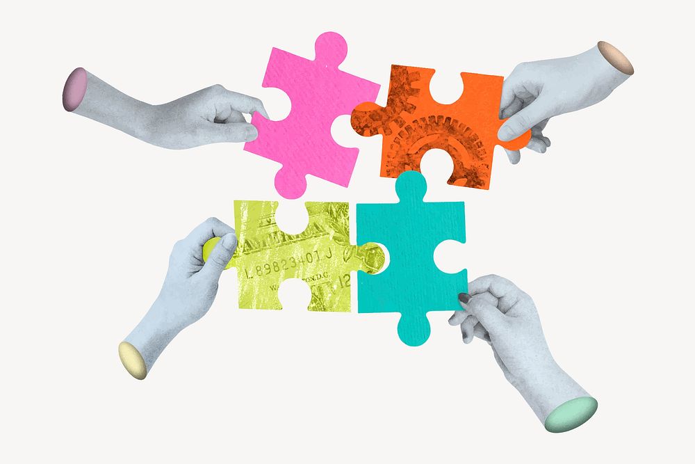 Hands holding puzzle, business teamwork remix vector