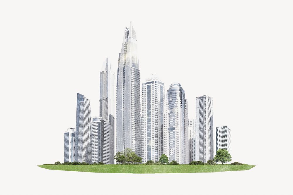 Aesthetic cityscape, office buildings, green city vector