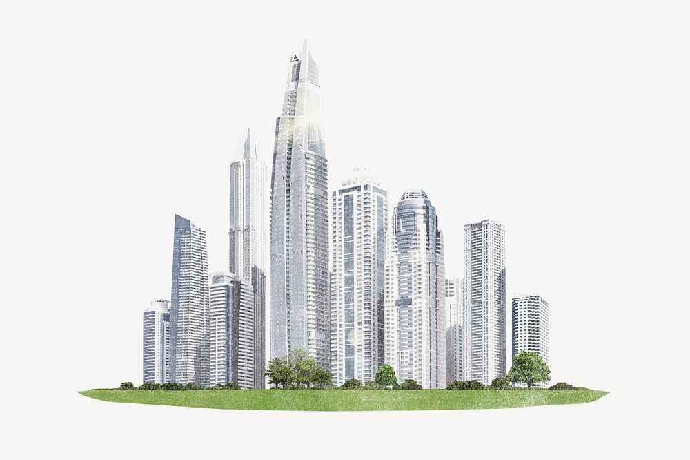 Aesthetic cityscape, office buildings, green city psd