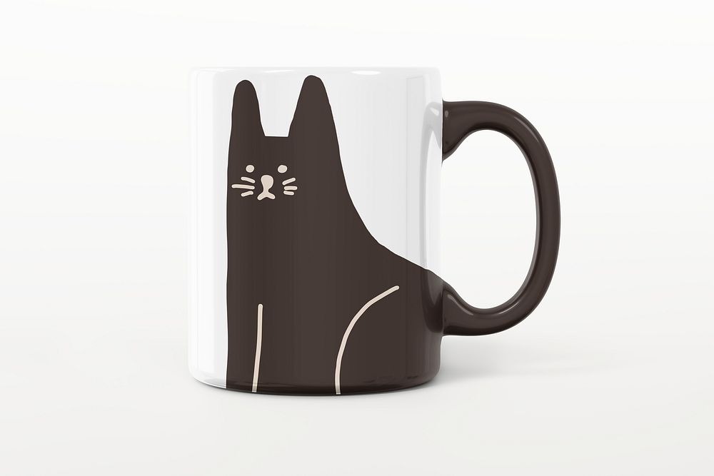 Ceramic coffee mug mockup, cat design psd