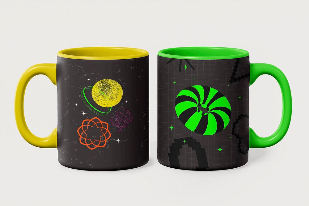Ceramic coffee mug mockup, abstract retro design psd