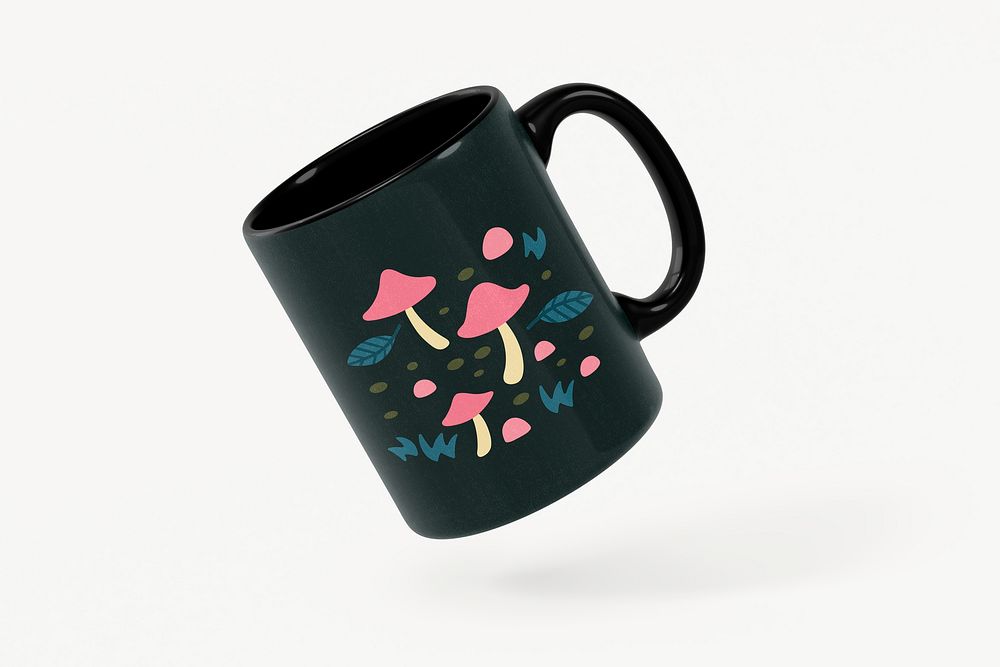 Ceramic coffee mug mockup, cute mushroom design psd