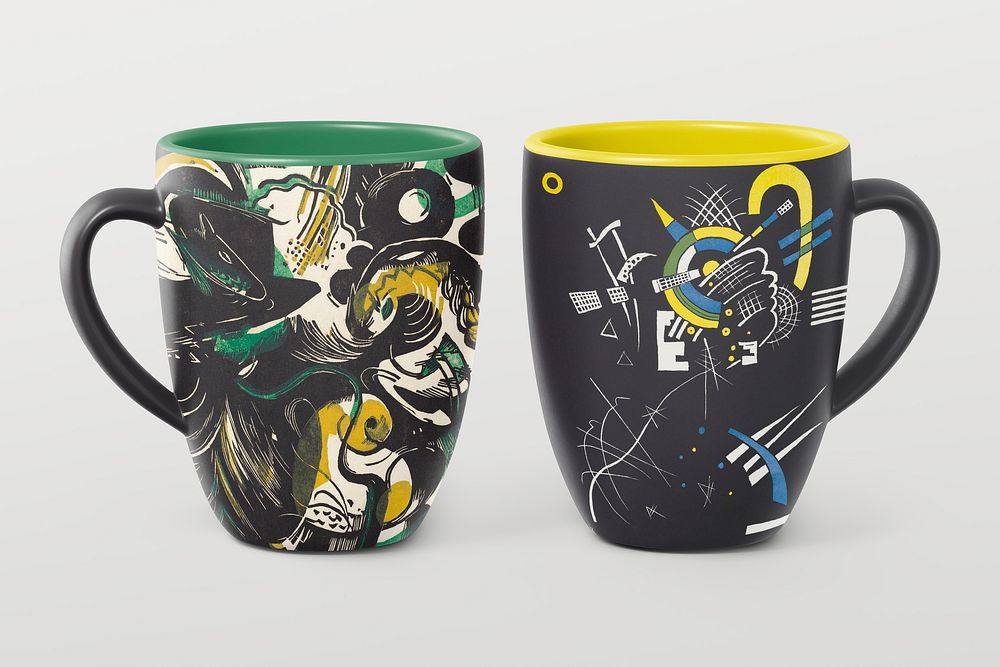 Coffee mugs mockup, abstract ceramic design psd