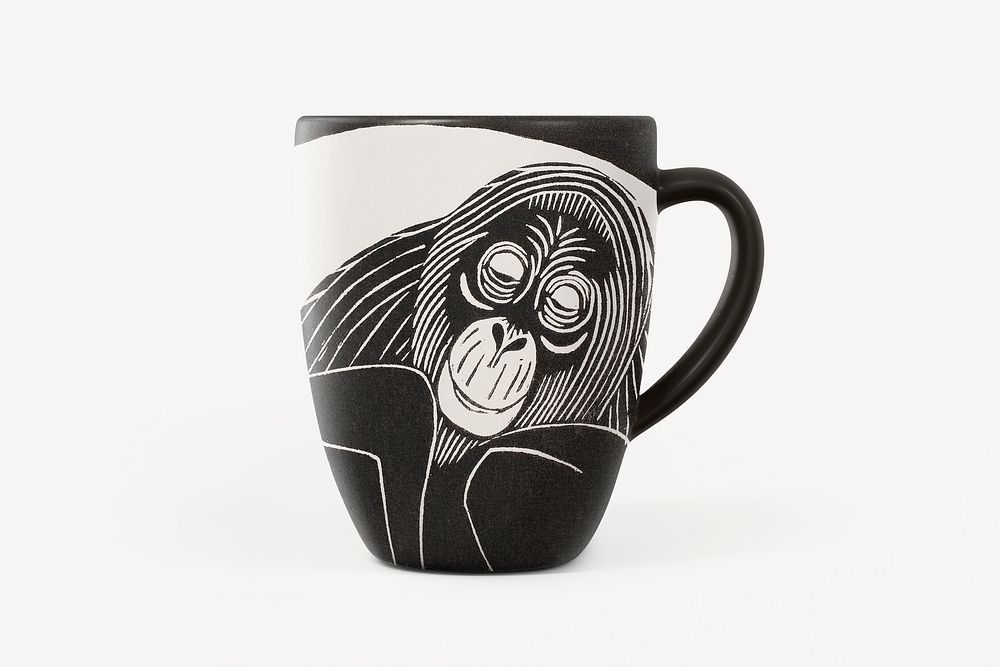 Coffee mug mockup, monkey ceramic design psd