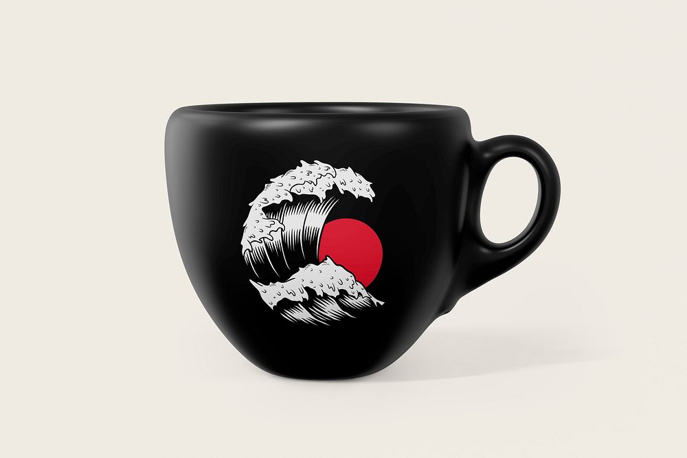 Ceramic espresso cup mockup, Japanese wave design psd