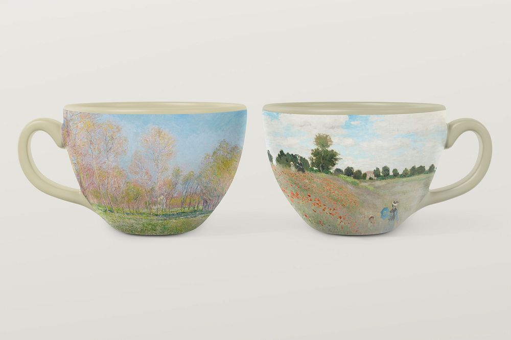 Ceramic coffee cups mockup, landscape illustration psd