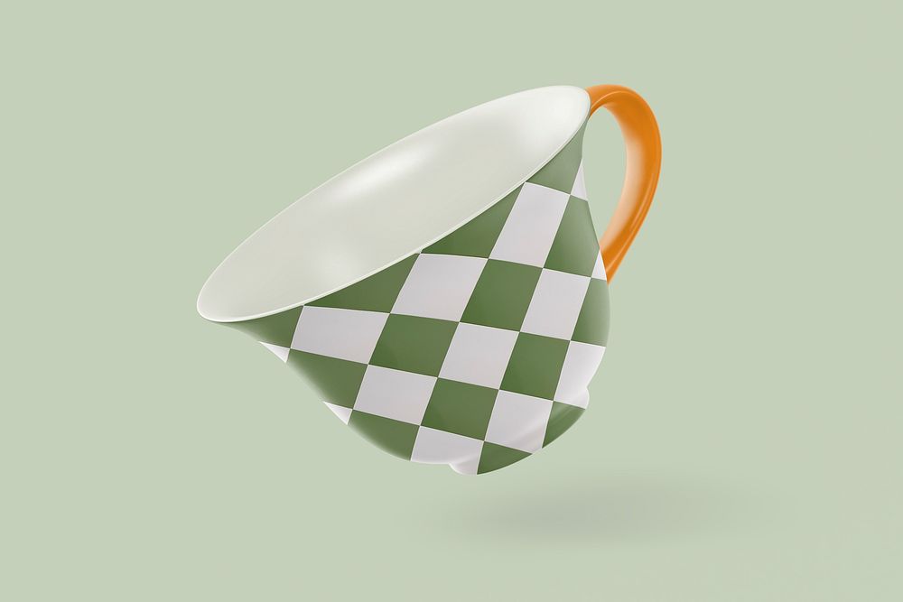 Tea cup mockup, checkered pattern product design psd