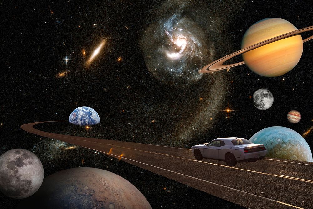 Road to space background, collage art, surreal remixed media psd 